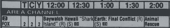 A row from a TV-listings grid; the first program listed is Baywatch Hawaii